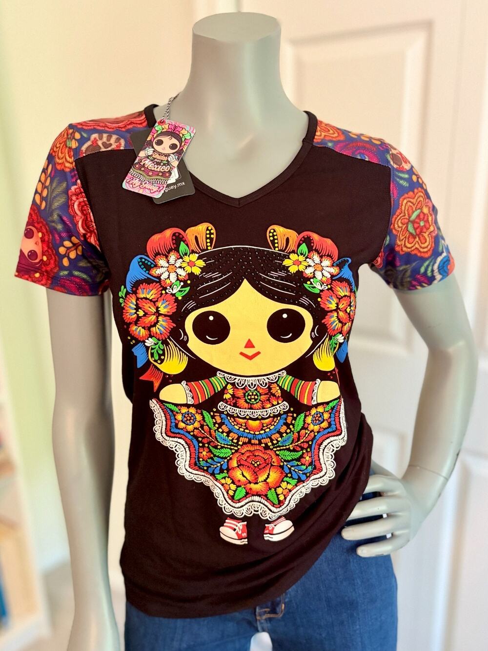 Ay Guey Womens Shirt Large Mexican Folk Doll Rhinestone Floral Graphic Tee NWT